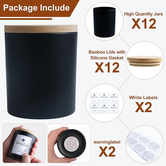 CONNOO 12 Pack 10 OZ Matte Black Glass Candle Jars | Airtight Bamboo Lids Nice Sticky Warning Labels for Candle Making Empty Container Bulk - Dishwasher Safe