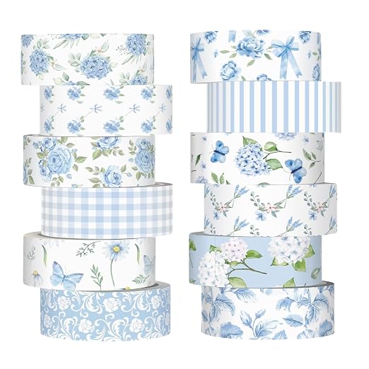 12 Rolls Floral Washi Tape Set,Blue,Rose | Watercolor Flowers Design for Scrapbook Journal DIY Craft School Supplies, 15 mm Vintage Decorative Masking Washi Tapes