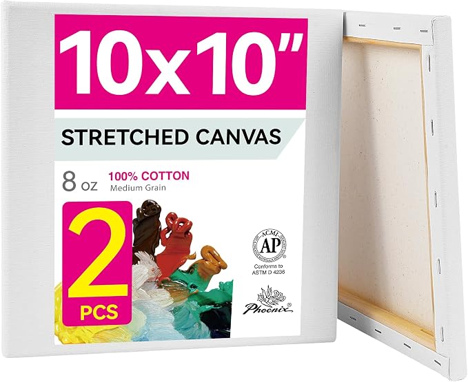 PHOENIX 10x10 Inch Pack of 2 Canvas - Square Stretched Canvases for Painting, 8 Oz Triple Primed 5/8 Inch Profile 100% Cotton White Blank Framed Canvas for Oil Acrylic & Pouring Art