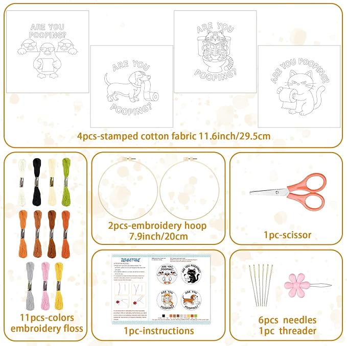 BEUNITONE 4 Pack Beginner Embroidery Kit for Adults, Funny Animal Pre-Stamped Pattern Needlepoint Kits with Hoop, Tools & Instruction, 7.9"x7.9" Hand Embroidery Kits for Fabric and Home Decor