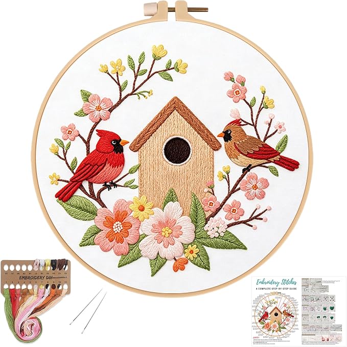 Louise Maelys Cardinal Birdhouse Flowers Embroidery Kit for Beginners | Adults Starter Cross Stitch Kits with Cardinal Pattern, Complete Needlepoint Kit with Hoop, Threads, Needles and Guide