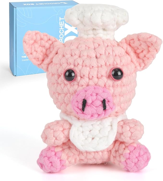 CrochetBox Crochet Kit for Beginner, Pig Easy Learn How to Crochet Stuffed Animals Gift for Adults and Teen(), Knitting Set with Yarn Hook Stitch-by-Stitch Video Tutorial(30%+ Yarn)