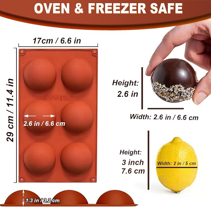 Lerykin 3 Pack Large 6-Cavity Semi Sphere Silicone Molds, Non-Stick Baking Mold for Making Standard Size Hot Chocolate Bomb, Cake, Jelly, Dome Mousse