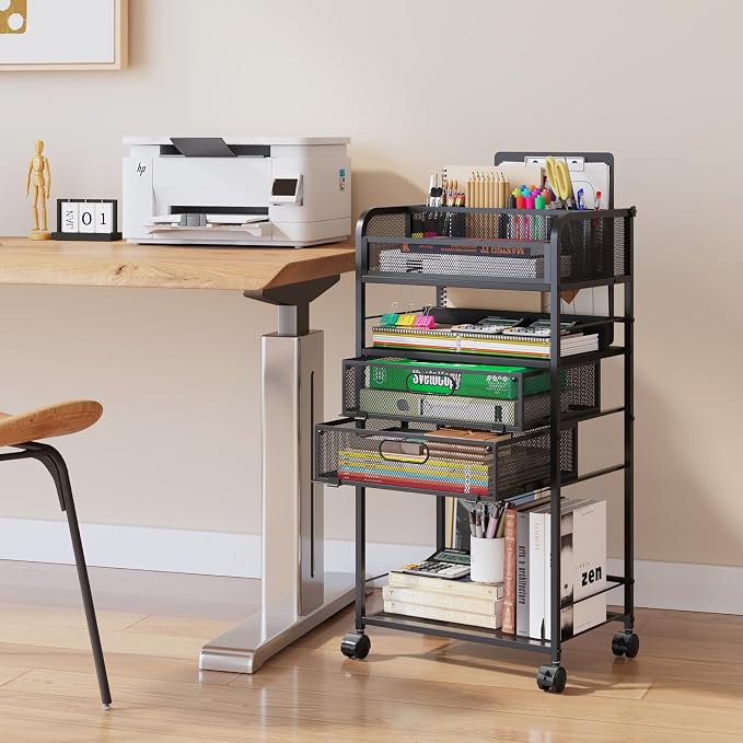 Homsorout Art cart, 5 Tier Rolling Cart - Utility Cart with Storage Drawer and Wheels, Versatile Art & Craft Organizer for Home, Office, or Studio Ideal for Storing Brushes, Paints （Black）