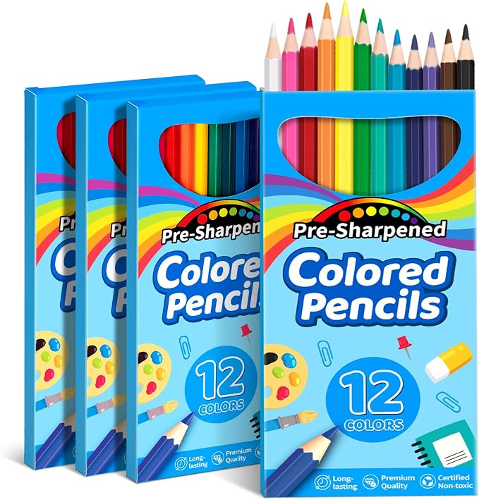 V-Opitos 48 Count Colored Pencils, 4 Packs Pre-sharpened Coloring Pencils for Kids in 12 Colors, Bulk School Supplies for Teachers, Ideal Back to School Supplies & Classroom Prizes
