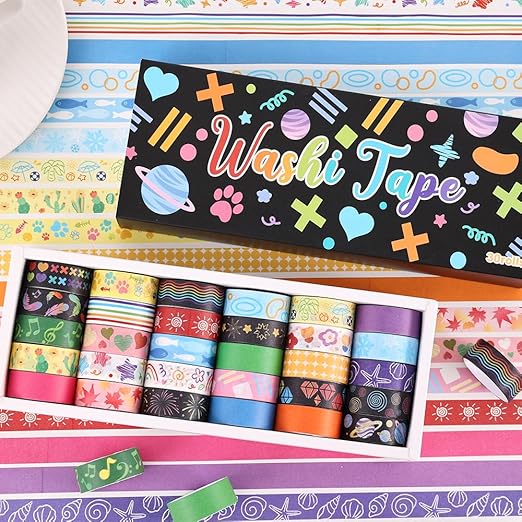 icceemee 30 Rolls Colorful Theme Washi Tape Set with Different Colorful Patterns, Writable Decorative Tapes for Scrapbooking, Junk Journal Supplies, Bullet Journaling, 0.6'' x 79'' per Roll