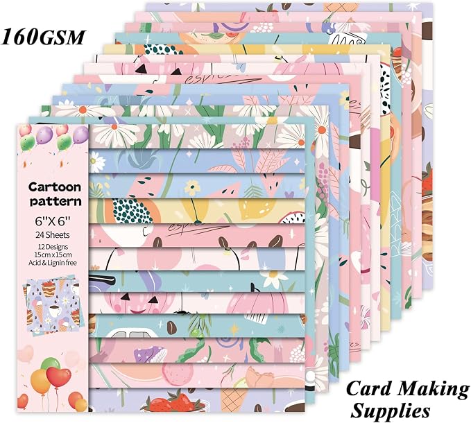Scrapbook Paper, 24 Sheets 6"×6" 160gsm Single-Sided Patterned Cardstock