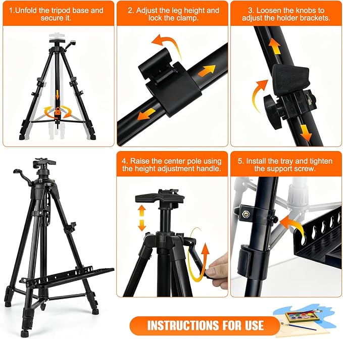 Adjustable Artist Easel - 19.69" to 61.8", Portable Folding Tabletop or Floor Easel with Brush Tray, Carry Bag, 4 Clips, 5 Palette Knives for Painting, Display, and Art Exhibitions (Black)