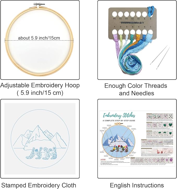 Louise Maelys Glacial Polar Bear and Flowers Embroidery Kit DIY Craft | Pre-Printed Fabric, Hoop, Threads, Needles & Guide for DIY Needlepoint Kit and Cross Stitch Starter Kit for Adults