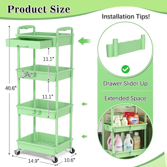 SUNALLY 4 Tier Rolling Cart with Drawer, Craft Storage Cart Organizer,Green