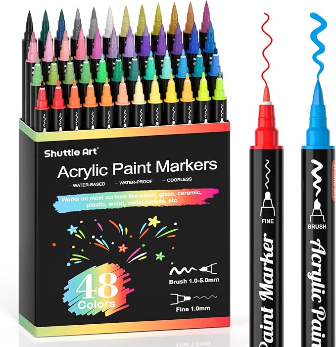 Shuttle Art 48 Colors Brush & Fine Tip Acrylic Paint Markers