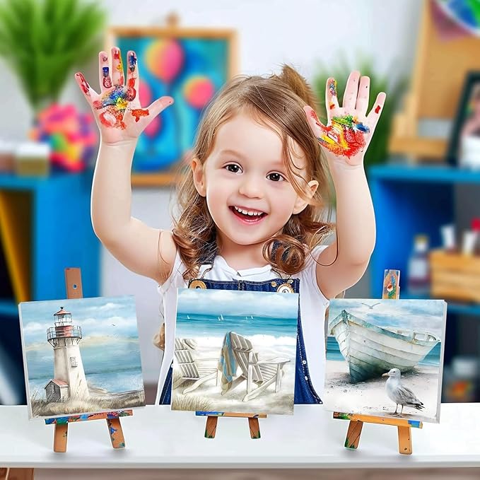 4 Packs Beach Paint by Numbers Kit for Adults Beginners with Frame, DIY Sea Side Adult's Paint by Number on Canvas, Watercolor Oil Painting Numbers Arts and Crafts Kits for Home Wall Decor 8 x 8 Inch