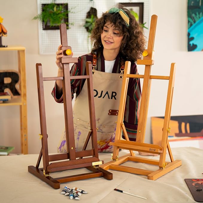DJAR Medium Tabletop Painting Easel, Assembly-Free, Solid Beechwood, Walnut | Adjustable H-Frame Desktop Painting Stand, Holds canvases up to 27.5", Premium Art Supplies for Students and Beginners