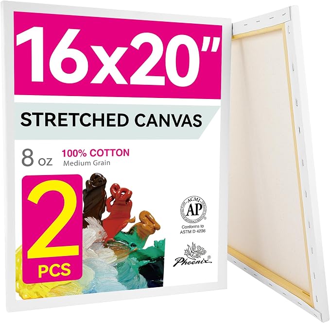 PHOENIX 16x20 Inch Pack of 2 Canvas - Large Stretched Canvas for Painting, 8 Oz Triple Primed 5/8 Inch Profile 100% Cotton White Blank Canvas, Square Framed Canvas for Oil Acrylic & Pouring Art
