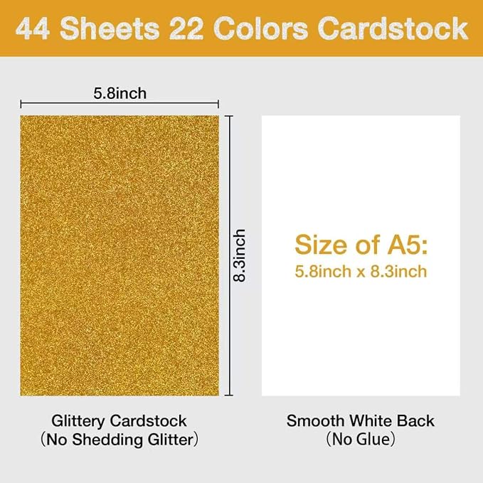 TORC 44 Sheets Glitter Cardstock Paper, 22 Colors A5 Sparkle Paper, 250GSM Heavy Craft Cardstock for Cricut, Die Cutting, Scrapbooking, Card Making, Party Decorations, Invitations, Non-Shedding
