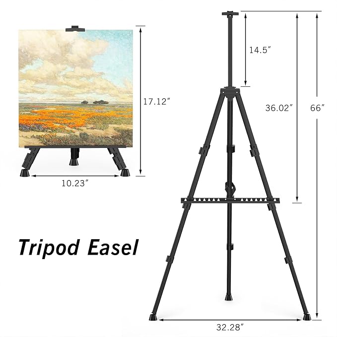 Art Painting Tripod Easel Stand - Portable Adjustable Display Artist Easel | Black Metal Stand with 1 Bag for Tabletop/Floor Painting, Height from 17 to 66 inches, Sturdy for Drawing, Displaying