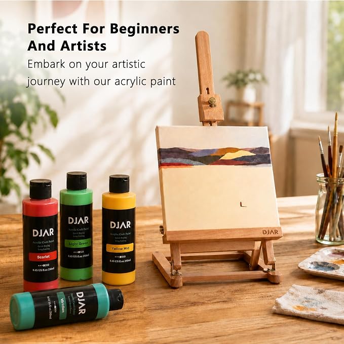 DJAR 18 Colors Acrylic Paint Set for Artists Beginners, 2 fl oz/250ml | Rich Pigments Colors Painting Supplies, Waterproof & Fast Dry, Works on Canvas, Rocks, Wood, Ceramic & Fabric, Safe Non-Toxic