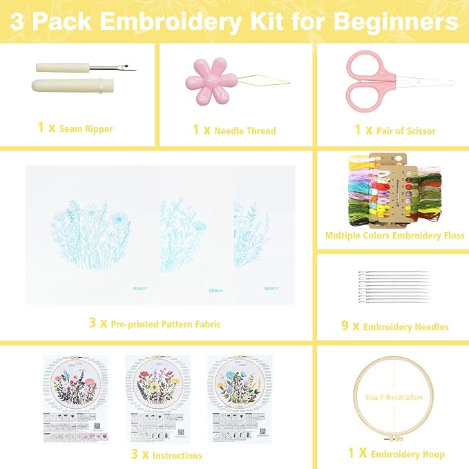 RidaaFri Embroidery Kit for Beginners, Set of 3 Flower Pattern Practice Kit | Adult DIY Hand Embroidery Cross Set with Step-by-Step Guide Video Tutorial Hoop Needles Floss, Complete Sewing Craft Supplies