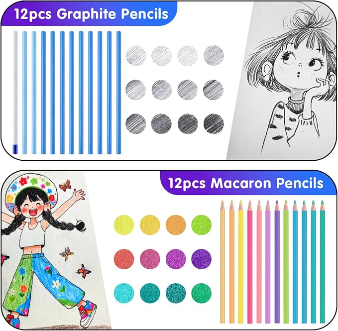 Professional Drawing Set,12 Colored Pencils,12 Graphite Pencils,Eraser,Case | Portable Travel Colored Pencil Case,Sketching Shading Blending Art Supplies,Gifts for Artists Adults Beginners.Macaron Black