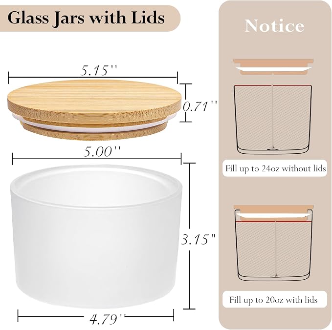 CONNOO 6 Pack 24oz Matte White Glass Candle Jars with Airtight Bamboo Lids