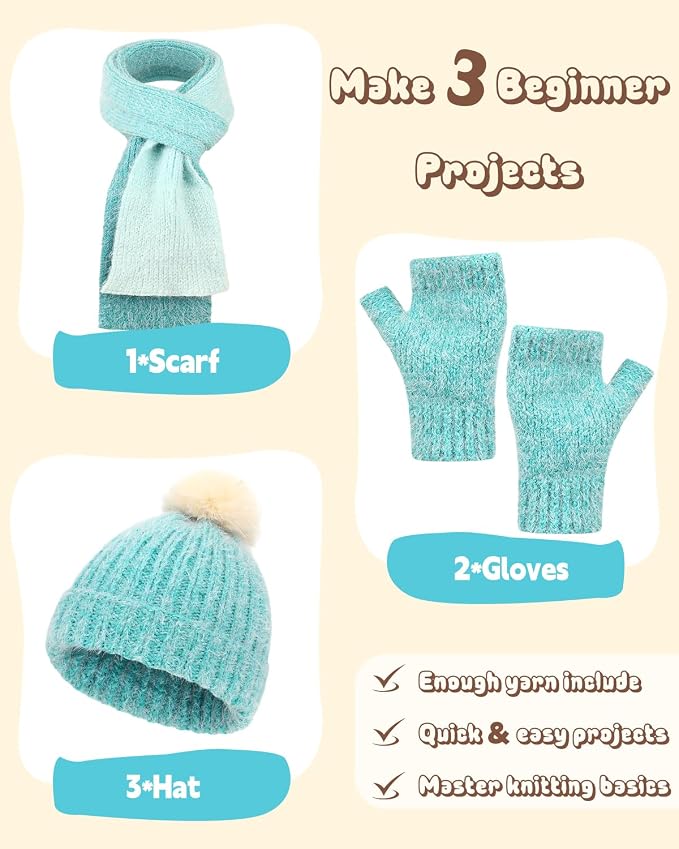 Katech Knitting Kit for Beginners Adults Kids-Beginners Knitting Kit | Complete Hat, Scarf, Gloves Starter Knitting Kit with Step-by-Step Video Tutorials-Ideal Gift