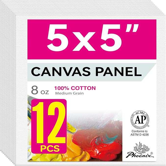 PHOENIX Small Painting Canvas Panels 5x5 Inch, 12 Value Pack - 8 Oz Triple Primed 100% Cotton Acid Free Square Canvas Boards for Painting, White Blank Flat Canvas Boards for Acrylic, Oil Paints