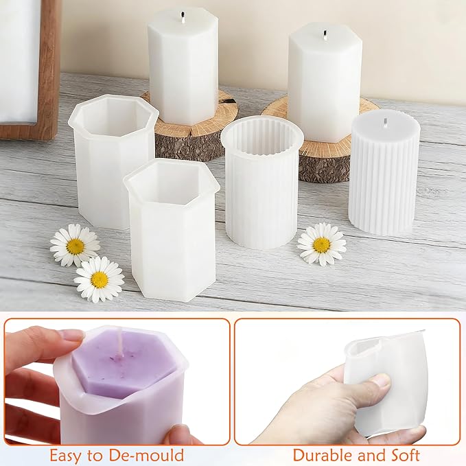 8PCS Reusable Silicone Candle Molds Set - Cylinder/Hexagon/Octagonal/Heart/Flower/Square Shapes for DIY Candle Making, Soap, Resin Crafts, Easy Release Candle Making Kit (8, Cylinder & Hexagon)