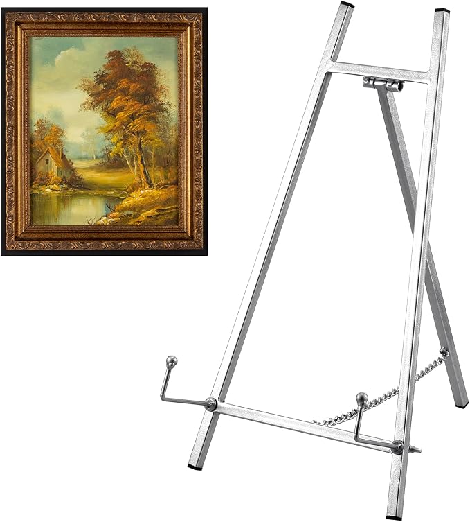 Leinuosen Metal Easel Stand 16.5" H x 8.7" W x 4.3" D Table Top Easel Stand for Display Tripod Art Picture Mirror Modern Plate Holder for Display Book Photo Wedding Sign(Silver)