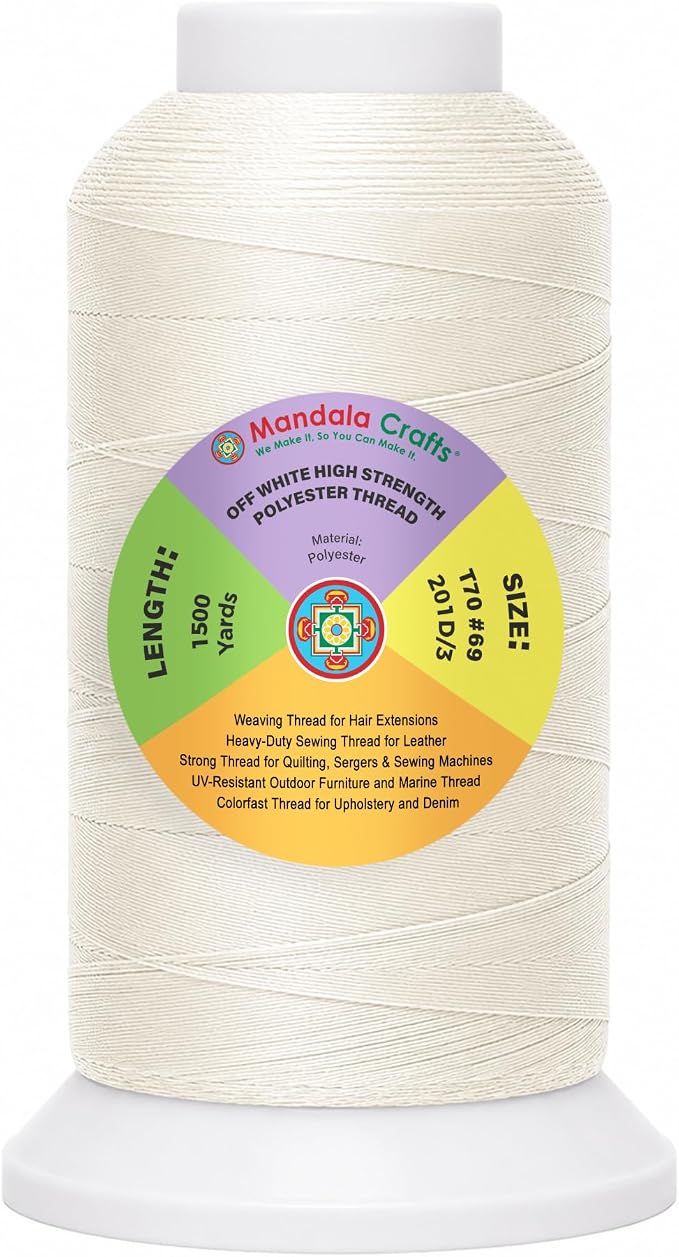 Mandala Crafts Off White Tex 70 Polyester Heavy Duty Thread for Upholstery | 1500 Yds T70 UV Resistant Strong Thread for Leather Sewing, Marine, Drapery, Jeans, Hair Weaving & Extension, Outdoor