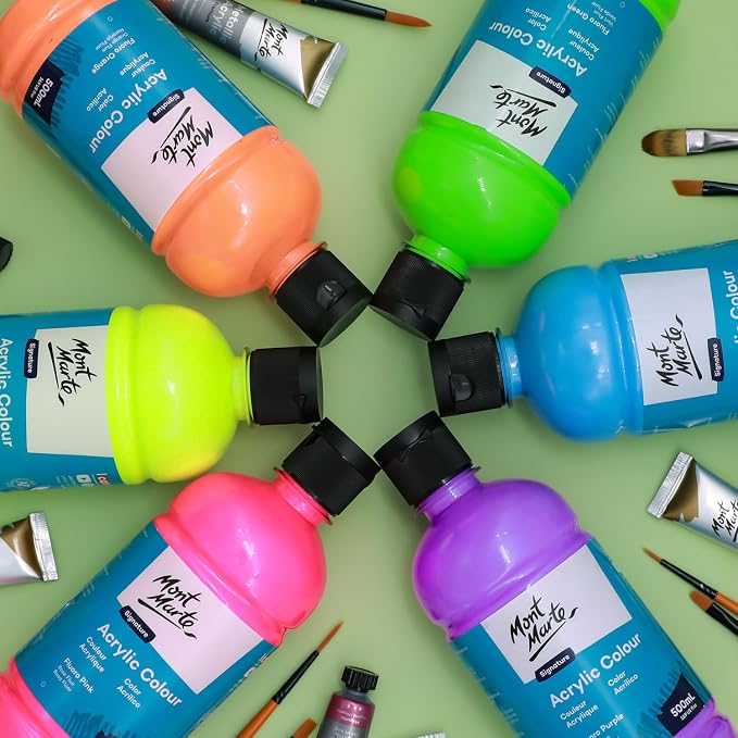 Mont Marte Signature Fluoro Yellow Acrylic Paint, 16.9oz (500ml), Semi-Matte Finish, 12 Colors, Suitable for Canvas, Wood, Fabric, Leather, Cardboard, Paper, MDF and Crafts