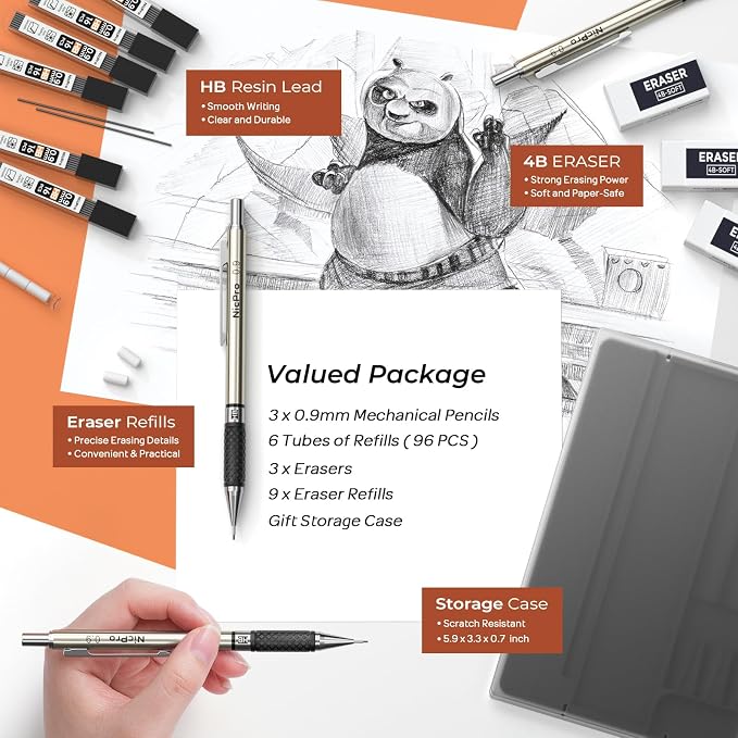 Nicpro 0.9 mm Art Mechanical Pencil Set in Storage Case, 3 PCS | Metal Drafting Pencil Lead Pencil+6 Tube HB Lead Refill, 12 Eraser, Comfort Grip For School Writing, Artist Drawing Sketching