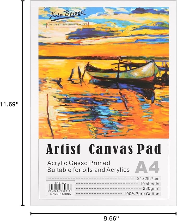 Canvas Pad for Painting, 10 Sheets of 11.69"x8.66" Pure Cotton Canvas, A4 Size, White, Pre-Primed for Instant Use