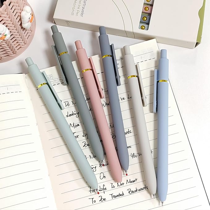 YOXMJDB Gel Pens, 6 Pcs 0.5mm Fine Point Smooth Writing Pens Cute Pens, High-End Series Black Ink Pens for Journaling Note Taking, School Office Supplies for Women Men (6 Pcs Gold Morandi)