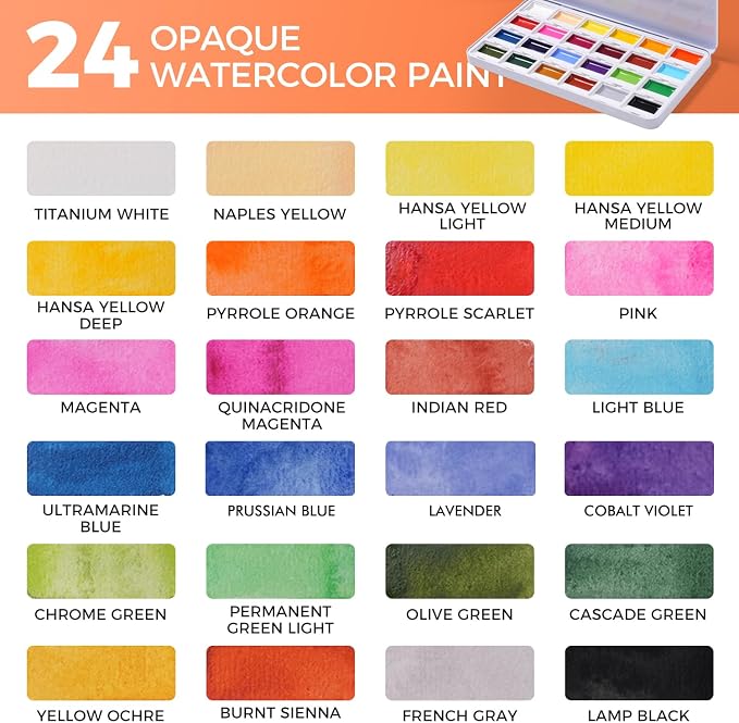 Fuumuui CREAMORA Watercolor Paint Set 24 Color Opaque Semi-Solid High-Saturation Paint | Art Supplies with Strong Coverage and Rich Pigments for Artists Beginner Painters Amateur Hobbyists Painting