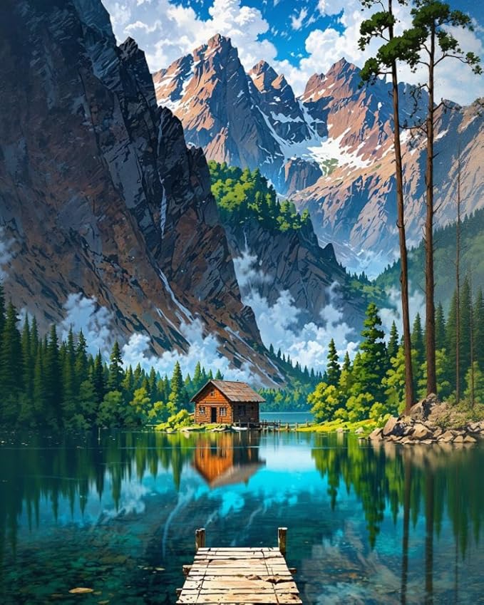 GEEHEIY Paint by Numbers Kit for Adults, Mountain Lake Cabin, 16 x 20 Inch | DIY Adult Paint by Number Kit on Canvas for Beginners, without Frame, Nature Wall Decor, Stress Relief Craft Gift