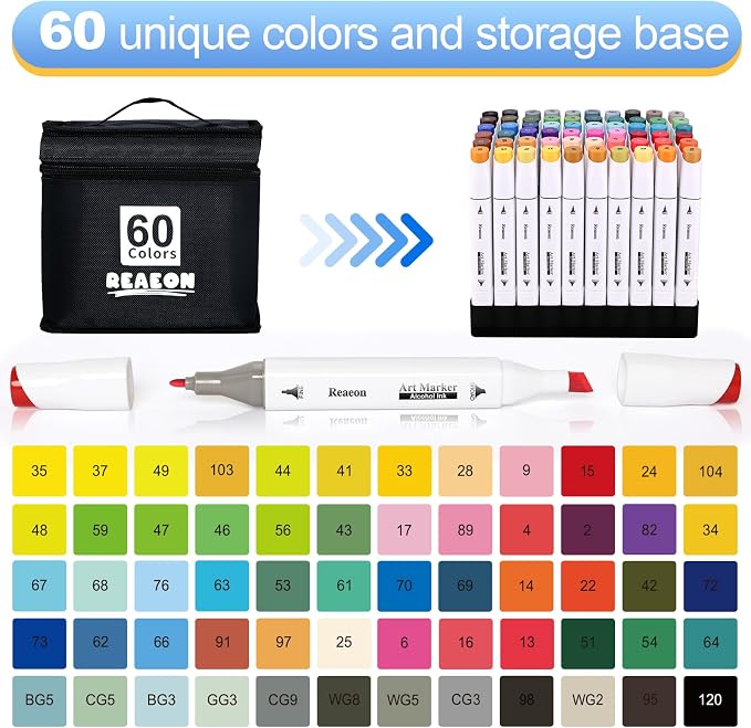 Reaeon Alcohol Art Markers 60 Colors, Dual Tip For Coloring | Chisel & Fine, Permanent Markers for Adult Coloring, Drawing, Sketching, Illustration and Painting, Art Supplie for Artist