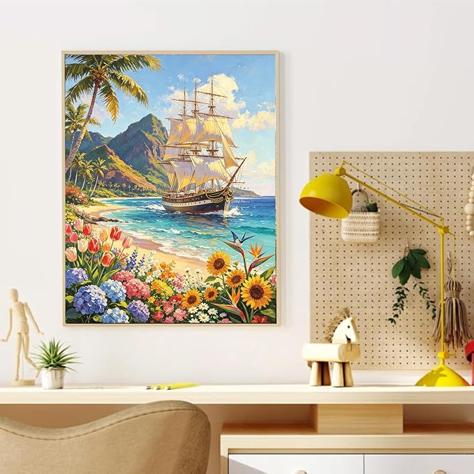 Landscape Paint by Numbers for Adults, Paint by Number 16x20 inch | Boat Paint by Numbers Kit for Adults, Landscape Acrylic Painting by Numbers for Gift Home Wall Decor (without Frame)