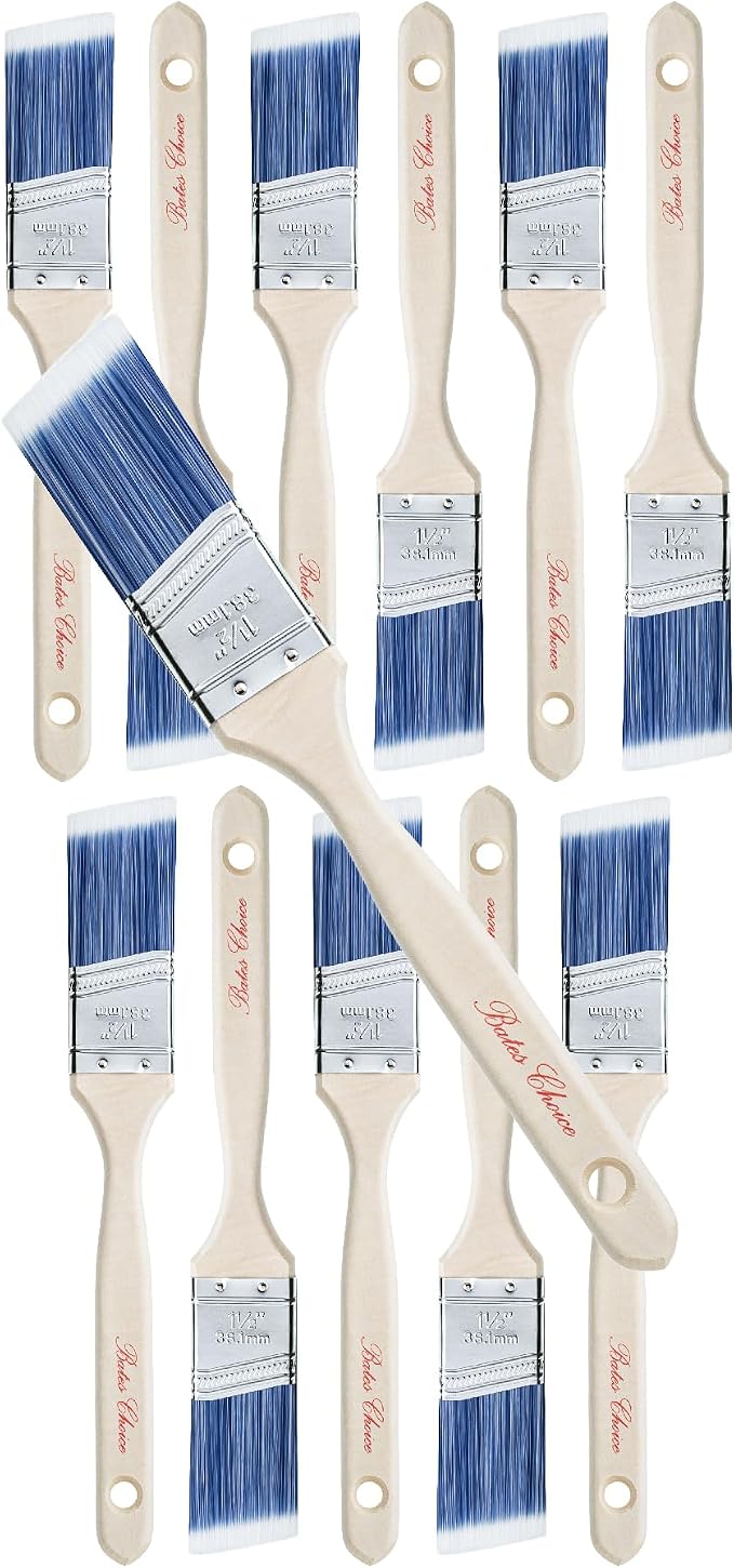Bates Angle Paint Brushes - 1.5-Inch, 12 Pack, Treated Wood Handles for Walls, Furniture & Stain