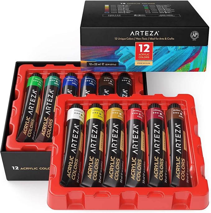 ARTEZA Acrylic Paint Set, 12 Colors, 22 ml / 0.74 oz Tubes, High-Viscosity