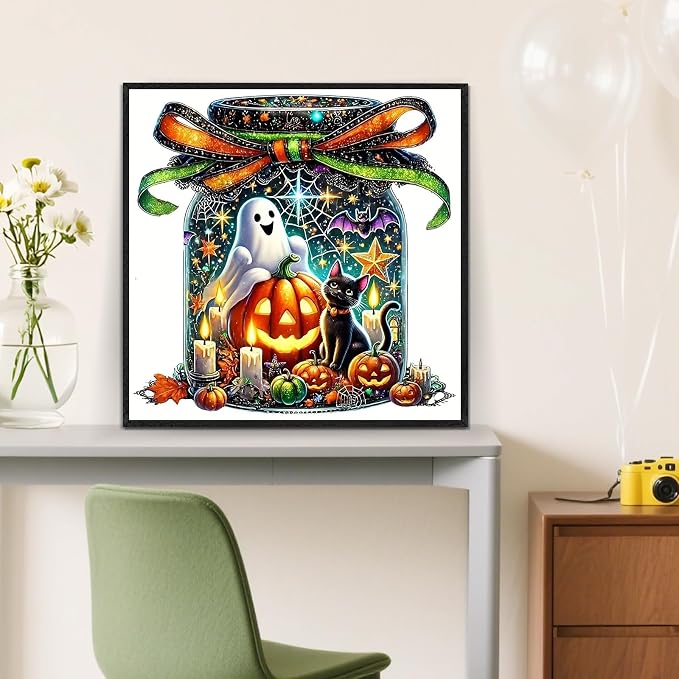 LKHMVCA Halloween Ghost Cat Pumpkin Paint by Numbers Kit for Adults, DIY Paint by Numbers Kits for Adults Beginners Without Frame, Acrylic Paint Canvas Painting Kits Art for Home Decor 16x16 Inch