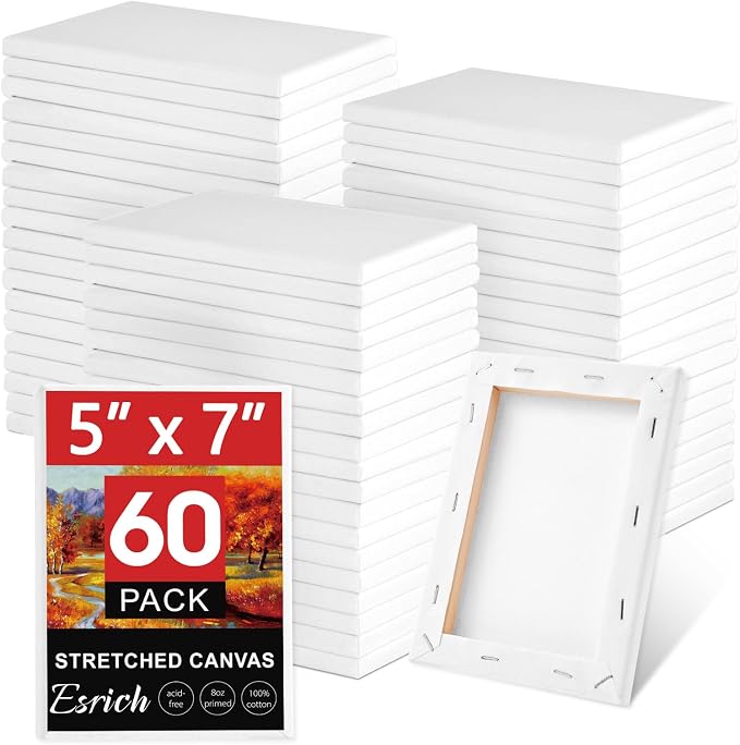 ESRICH Stretched Canvas for Painting 5x7, 60 Pack Small Canvases for Painting 5/8" Profile Primed Acid-Free Blank Painting Canvas for Kids & Artists for Decorations, Painting Parties.