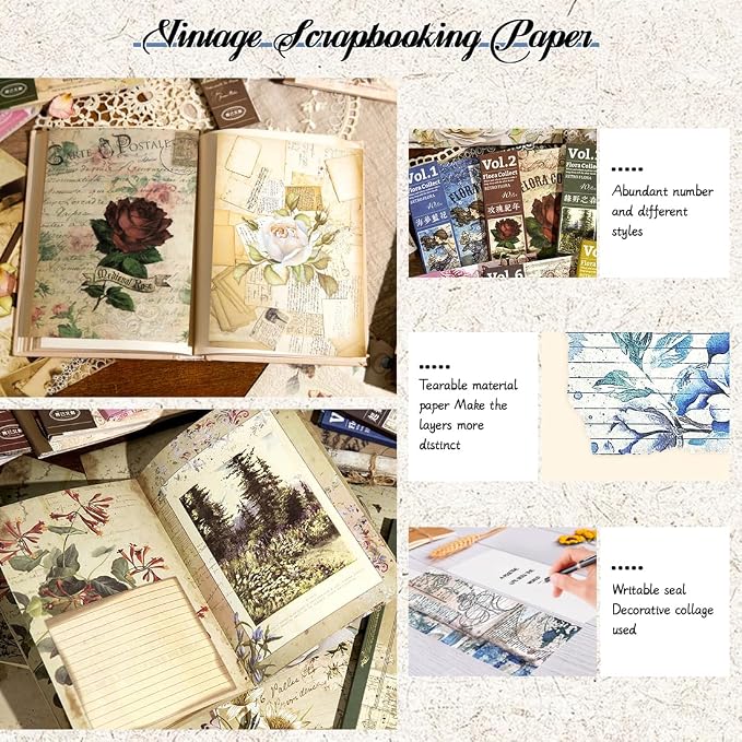 160Pcs Vintage Scrapbook Paper, Double-Sided Junk Journal Paper, 4 Styles