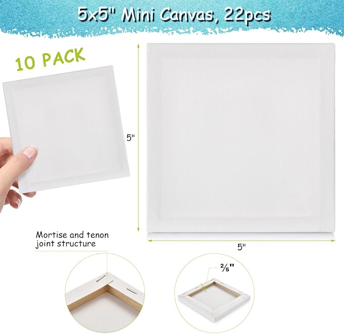 22PCS Mini Canvases for Painting – 5 x 5 in Bulk Small Square Stretched Canvases, 0.4 in Thick Blank Canvas for Students, Art Supplies, School & Home Crafts