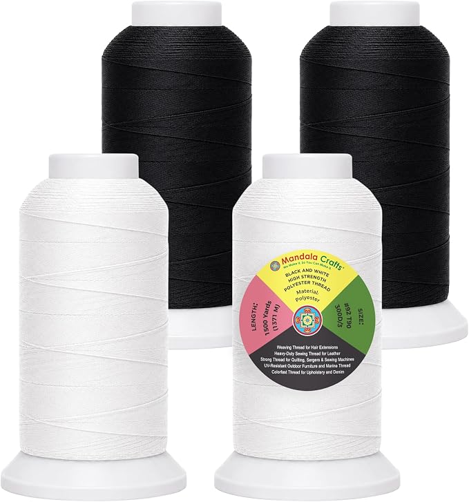 Mandala Crafts Black White Tex 90 Upholstery Polyester Heavy Duty Thread | 1500x4 Yds T90 UV Resistant Strong Thread for Leather Sewing, Marine, Drapery, Jeans, Hair Weaving & Extension, Outdoor