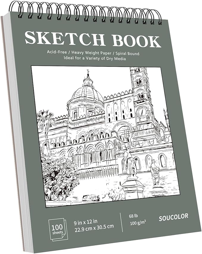 Soucolor Sketch Book 9x12, Drawing Paper Pad 68lb/100gsm Acid-Free | 100 Sheets,Top Spiral Sketchbook for Kids Adults, Art Supplies Sketch Pad for Drawing Illustration College Essentials