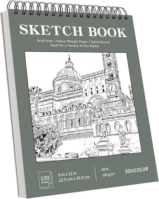 Soucolor Sketch Book 9x12, Drawing Paper Pad 68lb/100gsm Acid-Free | 100 Sheets,Top Spiral Sketchbook for Kids Adults, Art Supplies Sketch Pad for Drawing Illustration College Essentials