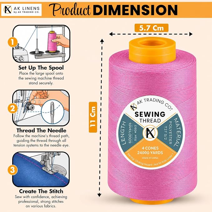 AK TRADING CO. 4-Pack Rose Pink All Purpose Sewing Thread Cones (6000 Yards Each) of High Tensile Polyester Thread Spools for Sewing, Quilting, Serger Machines, Overlock, Merrow & Hand Embroidery