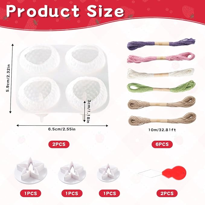 Strawberry Silicone Soap Mold Kit, DIY Soap Making Set with 2 Strawberry Molds, 3 Leaf Molds, Twine & Threaders, Handmade Soap Supplies for Crafts, Gifts & Beginners
