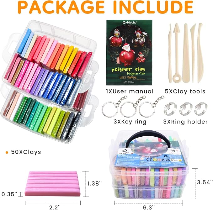 Artecho Polymer Clay Kit, 50 Colors Oven Bake Clay | Modeling Clay for Adults, DIY Sculpting Craft Set with Sculpting Tools, Jewelry Accessories, Arts and Crafts Gifts