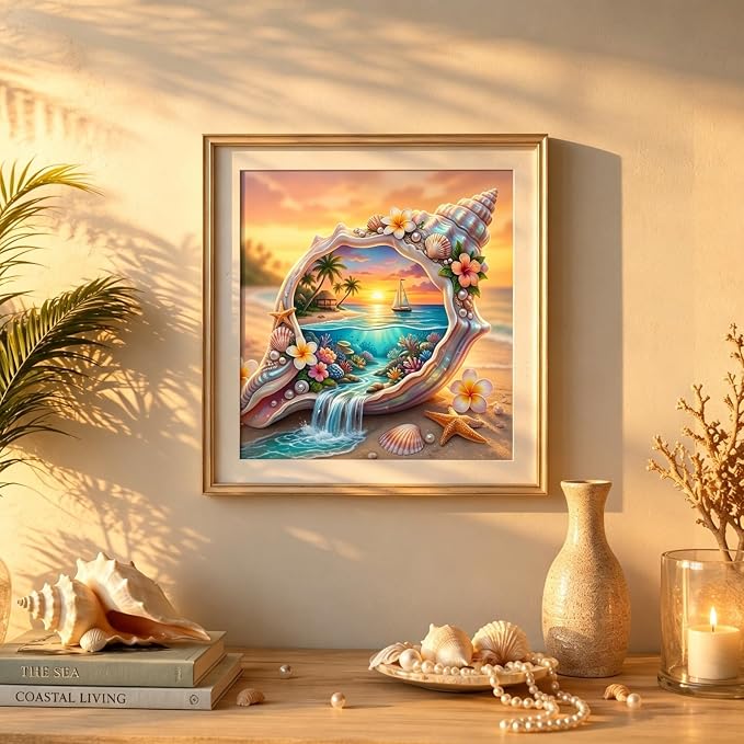 5D Seashell Beach Diamond Art kits for Adults Beginners 13.8x13.8 Inch | Ocean Sunset Diamond Painting Kit, DIY Full Round Drill Paint by Diamonds Dot Gem Art for Adult, Home Wall Decor